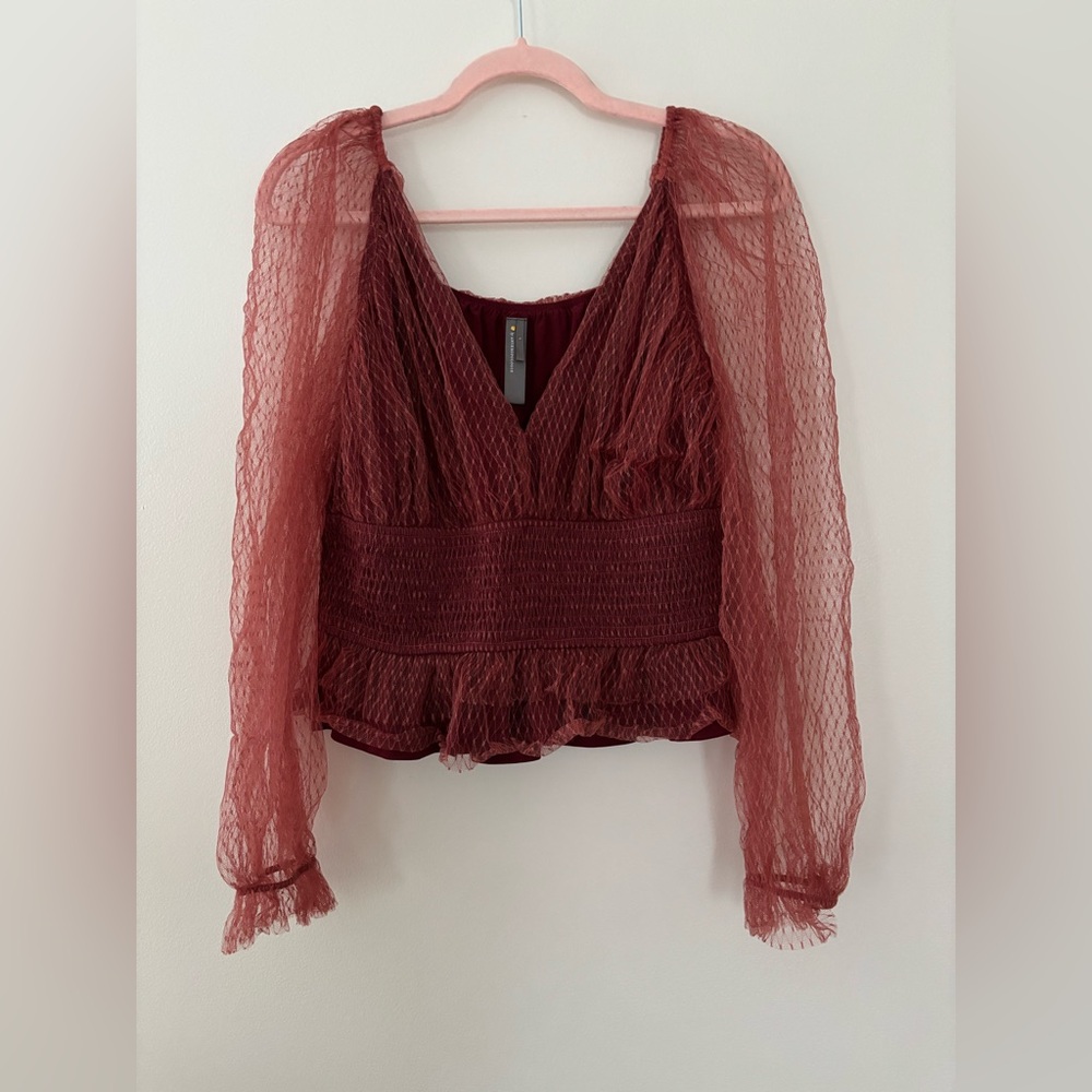 Anthropologie Tulle Blouse Maroon Mesh Puff Sleeve Cropped Large